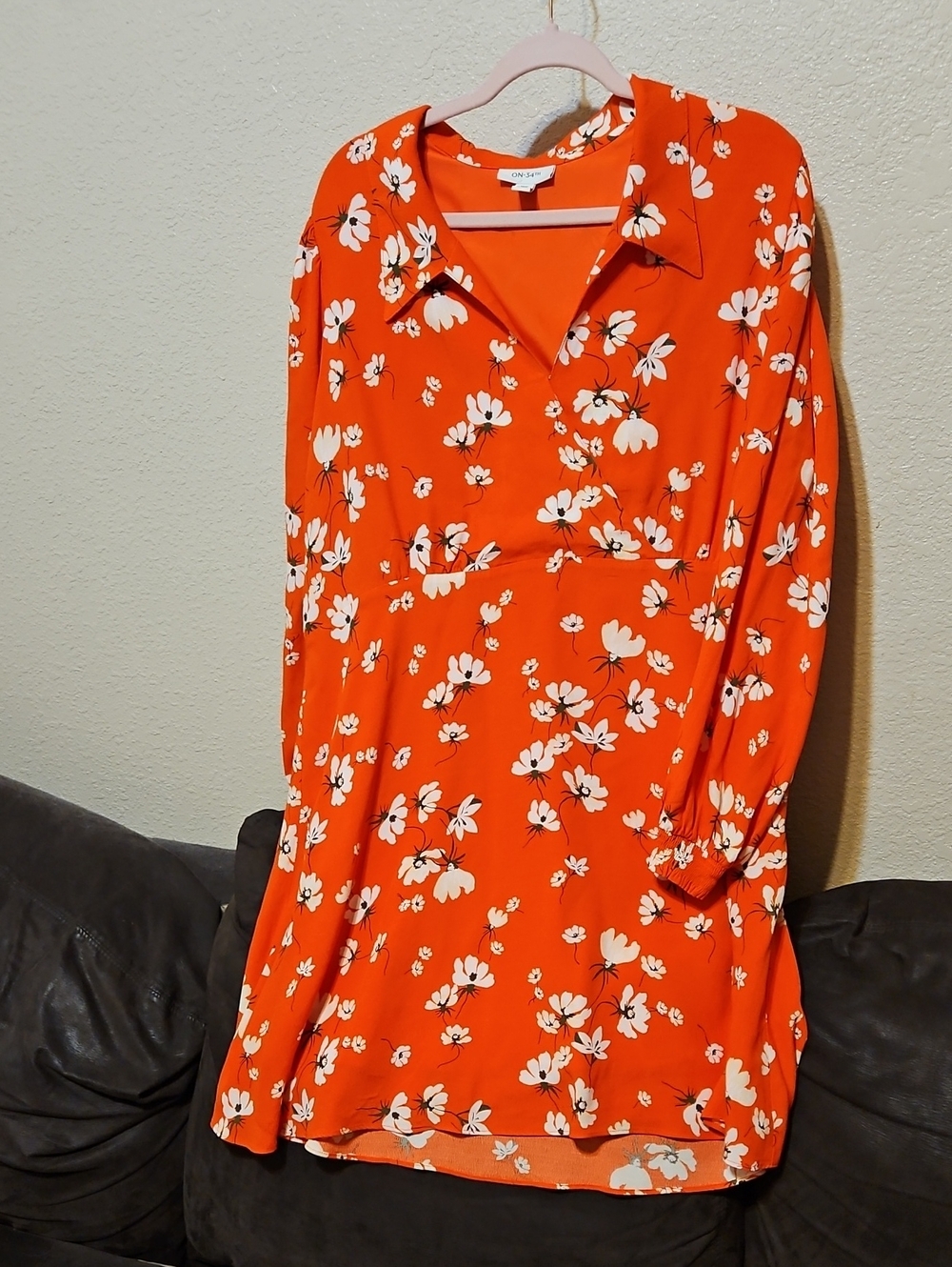 Bright Orange Floral Long-Sleeve Collared Dress